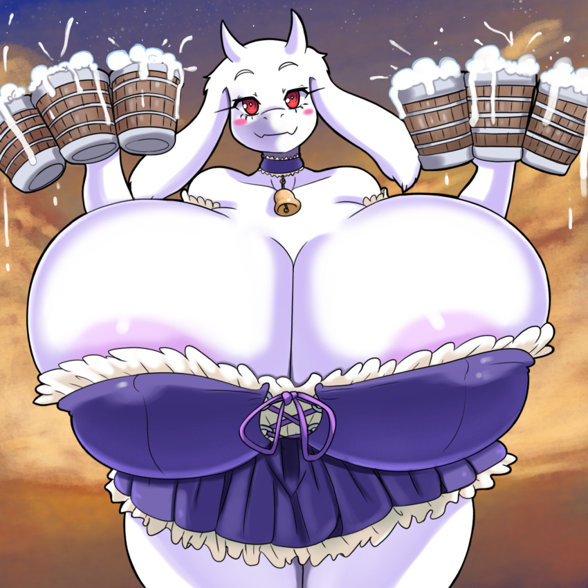 1:1 alcohol anthro barmaid beer bell beverage big_breasts boss_monster bovid breasts caprine cleavage clothed clothing dress female floppy_ears fur hi_res holding_object horn huge_breasts hyper hyper_breasts ichduhernz looking_at_viewer mammal mature_female red_eyes smile solo toriel undertale undertale_(series) white_body white_fur