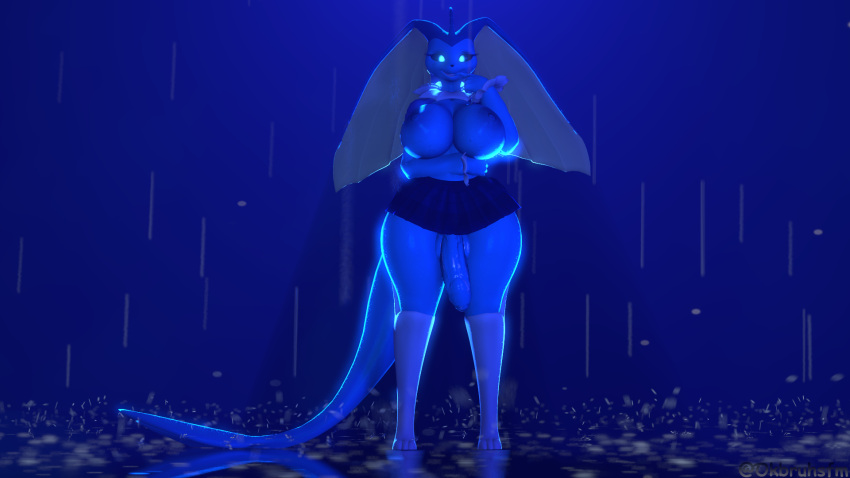16:9 3d_(artwork) anthro bottomwear breasts clothed clothing digital_media_(artwork) eeveelution exposed_breasts generation_1_pokemon generation_4_pokemon gynomorph hi_res hybrid intersex long_ears long_tail looking_at_viewer looking_pleasured lopunny nintendo ok_bruh penis_under_skirt pokemon pokemon_(species) raining skirt solo tail thick_thighs vaporeon warfare_machine wide_hips widescreen