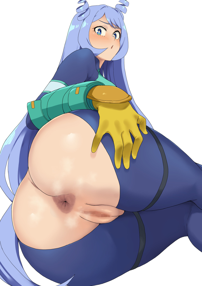 1girl absurdres anus ass ass_focus bangs blue_eyes blue_hair bodysuit boku_no_hero_academia censored close-up drill_hair from_behind hadou_nejire highres huge_ass light_blue_hair long_hair looking_at_viewer looking_back minakami_(flyingman555) pussy skin_tight solo thighs very_long_hair