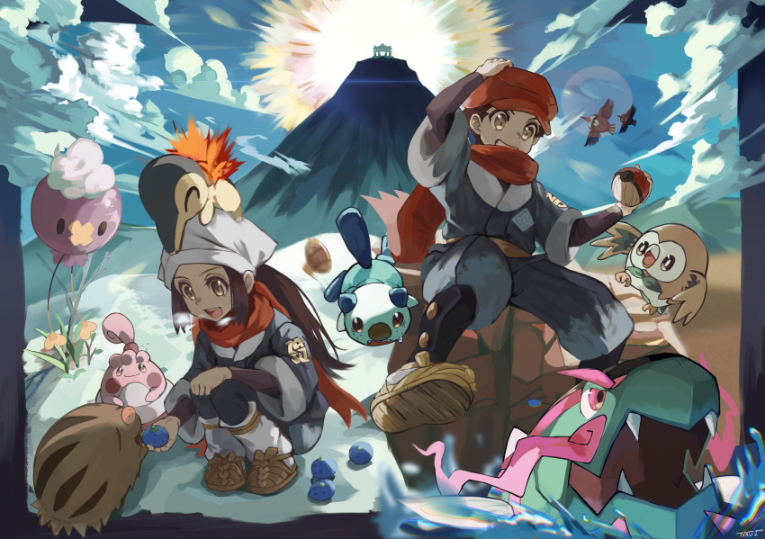 1boy 1girl :d absurdres akari_(pokemon) basculegion berry_(pokemon) brown_footwear cloud commentary_request cyndaquil day drifloon grin happiny head_scarf highres holding holding_poke_ball jacket logo mountain on_head open_mouth oran_berry oshawott outdoors pants pantyhose poke_ball poke_ball_(legends) pokemon pokemon_(creature) pokemon_(game) pokemon_legends:_arceus pokemon_on_head ponytail red_headwear red_scarf rei_(pokemon) rowlet scarf shirt shoes sidelocks sky smile starly swinub teeth tongue tyaui_(xjju4435) upper_teeth_only