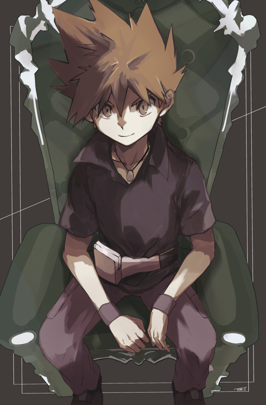 1boy armchair bangs blue_oak brown_background brown_eyes brown_hair chair closed_mouth collared_shirt commentary fanny_pack highres jewelry male_focus necklace pants pokemon pokemon_(game) pokemon_frlg shirt shoes short_hair sitting smile solo spiked_hair tyaui_(xjju4435) wristband