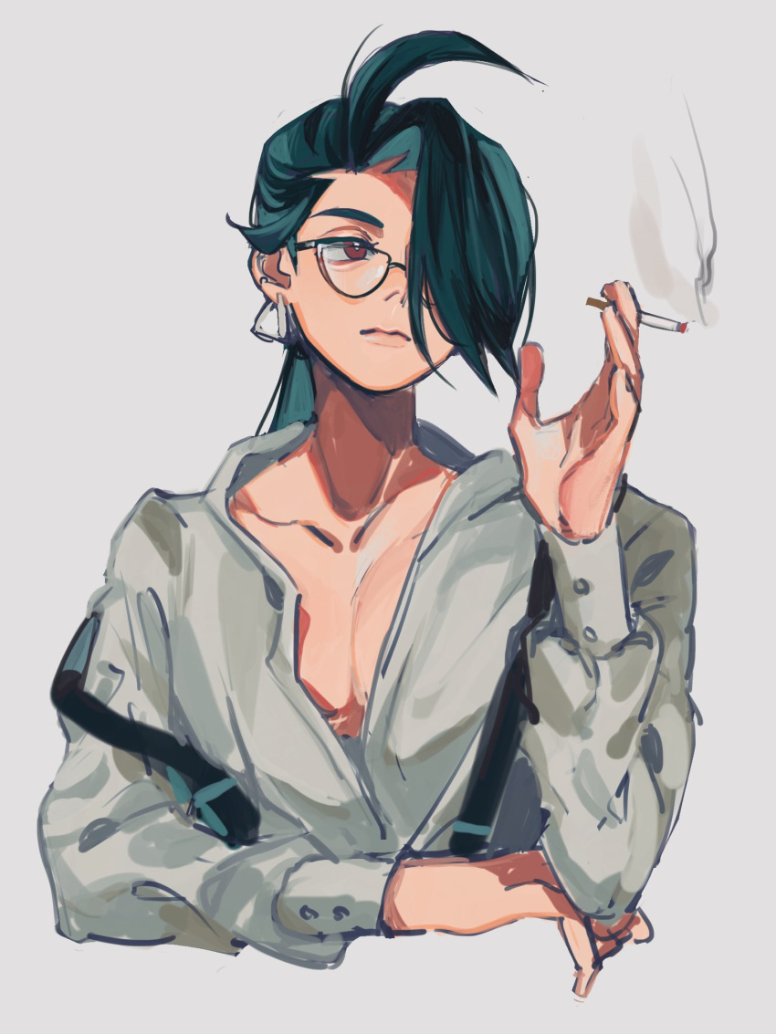 1girl bright_pupils cigarette flat_chest green_hair grey_background hair_over_one_eye highres holding holding_cigarette long_hair looking_to_the_side mei_(manjunii) open_clothes open_shirt pokemon pokemon_(game) pokemon_sv ponytail reverse_trap rika_(pokemon) simple_background smoke smoking suspenders suspenders_slip tomboy