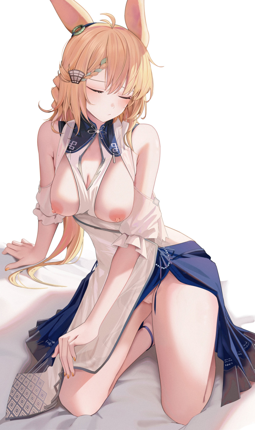 1girl absurdres animal_ears antenna_hair arknights bare_shoulders blonde_hair blush braid breasts china_dress chinese_clothes cleavage cleavage_cutout closed_eyes clothing_cutout dress groin hair_ornament highres kroos_(arknights) kroos_the_keen_glint_(along_the_corridor)_(arknights) kroos_the_keen_glint_(arknights) large_breasts light_smile long_hair multicolored_hair nipples no_panties official_alternate_costume orange_nails pussy rabbit_ears rabbit_girl ru_zhai seiza simple_background sitting sleeveless sleeveless_dress solo streaked_hair white_background
