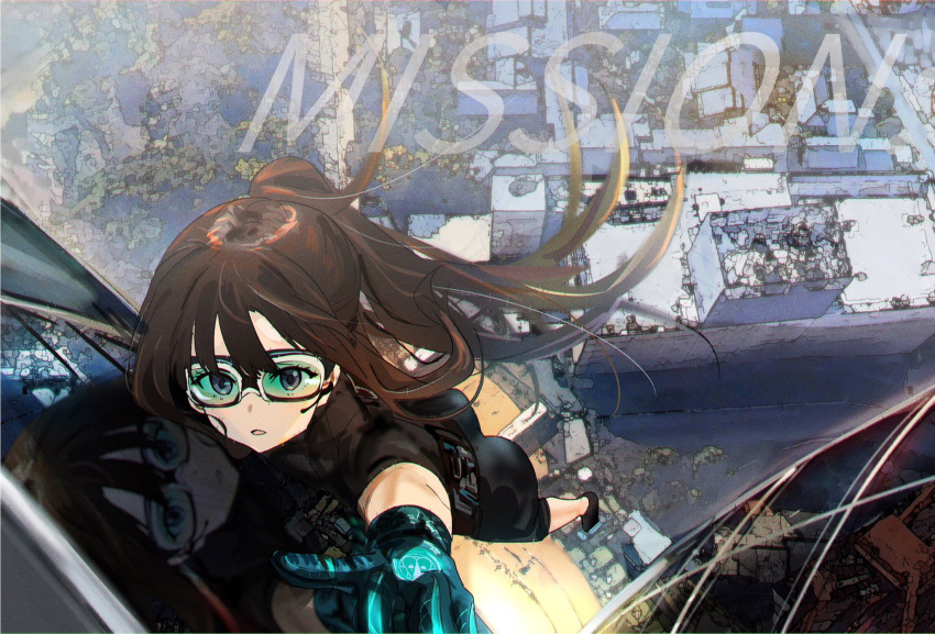 1girl bangs black_bodysuit bodysuit brown_hair from_above funi_mu9 gloves goggles hair_spread_out highres inoue_takina long_hair looking_at_viewer lycoris_recoil mission:_impossible outdoors parody parted_lips ponytail reflection solo