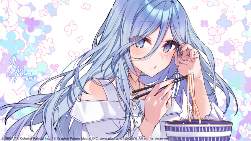 1girl adjusting_hair blue_eyes blue_hair blush bowl chopsticks commentary_request dress fingernails flower food hanagata hinomori_shizuku holding holding_chopsticks jewelry long_hair looking_at_viewer necklace noodles off-shoulder_dress off_shoulder official_art open_mouth project_sekai solo very_long_hair white_dress