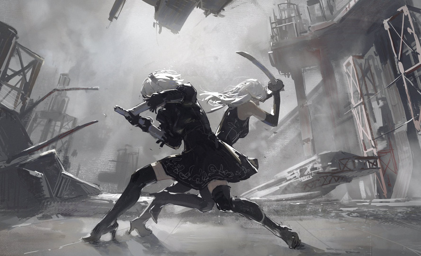 2girls bare_shoulders black_dress black_thighhighs cloud cloudy_sky detached_sleeves dino_(dinoartforame) dress full_body grey_sky gun highres holding holding_gun holding_sword holding_weapon long_hair long_sleeves multiple_girls nier_(series) outdoors outstretched_legs ruins short_hair sky standing sword thighhighs weapon white_hair yorha_no._2_type_b yorha_type_a_no._2