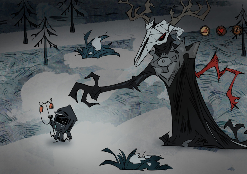 1boy 1other absurdres ambiguous_gender antlers arknights bare_tree black_cloak black_coat bush cloak coat commentary cqqqqdaze doctor_(arknights) don't_starve gameplay_mechanics health_bar highres hood hood_up hooded_coat intravenous_drip long_sleeves mask parody patriot_(arknights) reaching red_eyes red_ribbon ribbon running skull snow tree