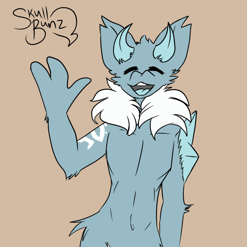 anthro blue_body blue_fur eyes_mostly_closed fenril_(spicy_flakes) frost_jeckals_(huf13) fur fur_markings gesture hi_res horn male markings narrowed_eyes neck_tuft open_mouth skull_bunz_official smile solo teeth tongue tuft waving waving_at_viewer white_body white_fur