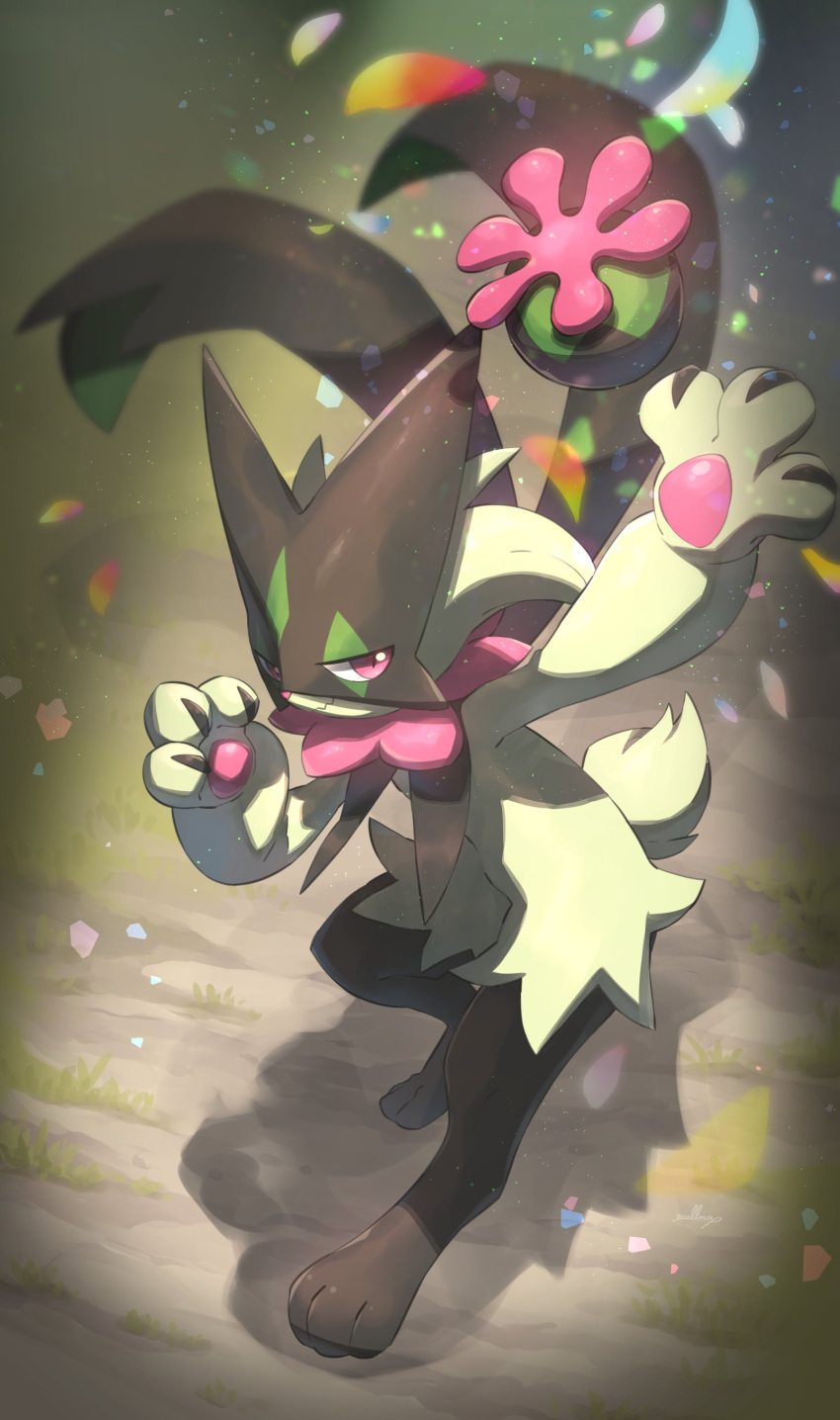 3_claws 3_fingers 3_toes absurd_res ambiguous_gender biped black_claws black_legs black_mask claws colored digital_media_(artwork) digital_painting_(artwork) feet fingers flower flower_petals fur fur_tuft generation_9_pokemon grass green_arms green_body green_fur green_tail hi_res humanoid looking_at_viewer mask meowscarada nintendo nullma pawpads petals pink_eyes pink_nose pink_pawpads plant pokemon pokemon_(species) shadow signature smile solo tail toes tuft