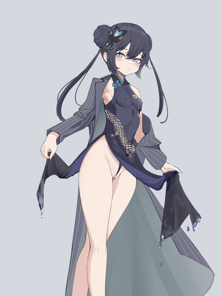 1girl absurdres black_dress black_hair blue_archive blush breasts butterfly_hair_ornament closed_mouth clothes_lift coat covered_nipples double_bun dress dress_lift feet_out_of_frame grey_coat grey_eyes groin hair_bun hair_ornament highres kisaki_(blue_archive) lifted_by_self long_hair long_sleeves looking_at_viewer off_shoulder open_clothes open_coat pearl_thong single_bare_shoulder small_breasts solo standing twintails yog_(1598125441)