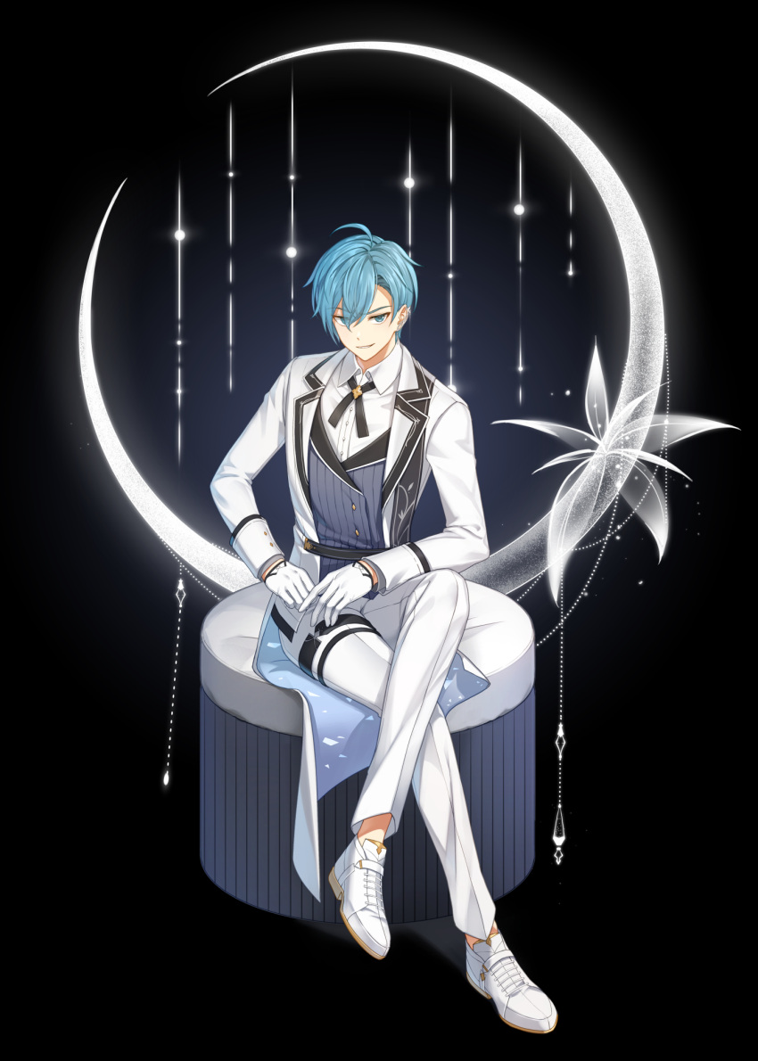 1boy ahoge arm_on_thigh belt black_background black_sash blue_eyes blue_hair closers crescent cross_tie crossed_legs ear_ornament flower full_body gloves grin hair_between_eyes highres jacket long_jacket long_sleeves looking_at_viewer nata_(closers) official_art on_chair oxfords pants purple_vest sash shirt shoulder_sash sitting smile solo striped striped_vest tachi-e thigh_belt thigh_strap vertical-striped_vest vertical_stripes vest white_flower white_gloves white_jacket white_pants white_shirt