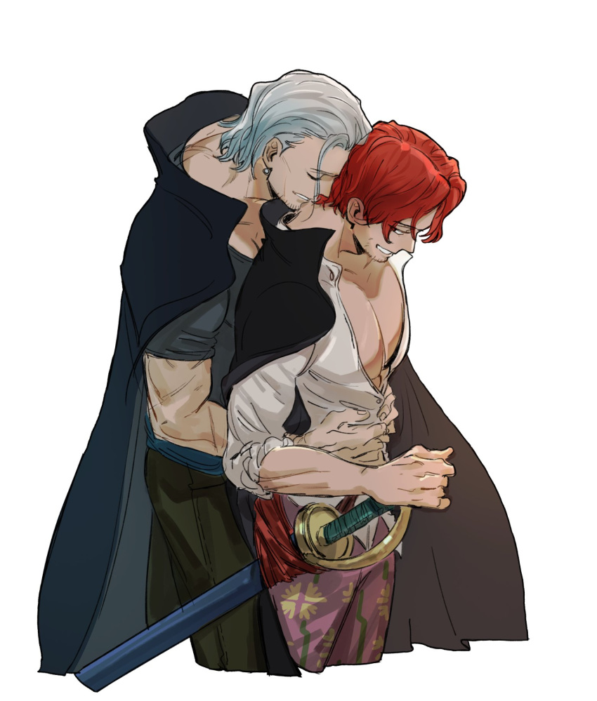 2boys ben_beckman black_cape black_shirt cape dress_shirt earrings facial_hair floral_print green_pants grey_hair grin guillartee hair_slicked_back highres holding holding_sword holding_weapon hug hug_from_behind jewelry looking_at_another male_focus multiple_boys one_piece pants partially_unbuttoned pectoral_cleavage pectorals red_hair shanks_(one_piece) sheath sheathed shirt short_hair single_earring sleeves_rolled_up smile sword weapon white_background white_shirt yaoi