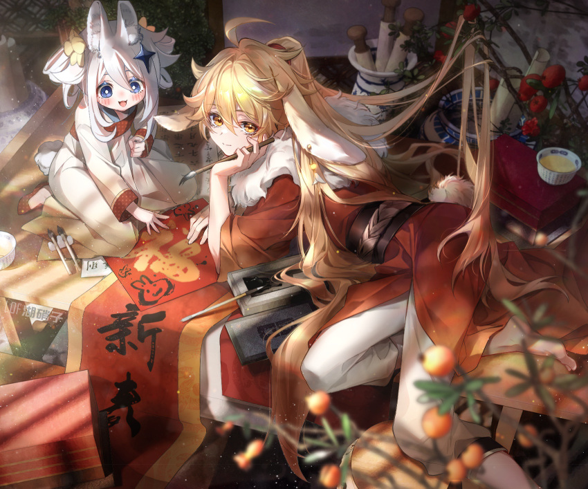 1boy 1girl absurdly_long_hair aether_(genshin_impact) animal_ear_fluff animal_ears arm_support barefoot blonde_hair blue_eyes bright_pupils calligraphy_brush chinese_commentary closed_mouth commentary_request fingernails flower genshin_impact hair_between_eyes hair_flower hair_ornament head_rest highres holding holding_brush ink japanese_clothes kemonomimi_mode kimono lacus-shouko long_hair looking_at_viewer lying obi on_side paimon_(genshin_impact) paintbrush pants ponytail rabbit_ears rabbit_tail red_flower red_footwear red_kimono sash scroll smile star_(symbol) star_hair_ornament tail vase very_long_hair white_kimono white_pants white_pupils yellow_eyes yellow_flower
