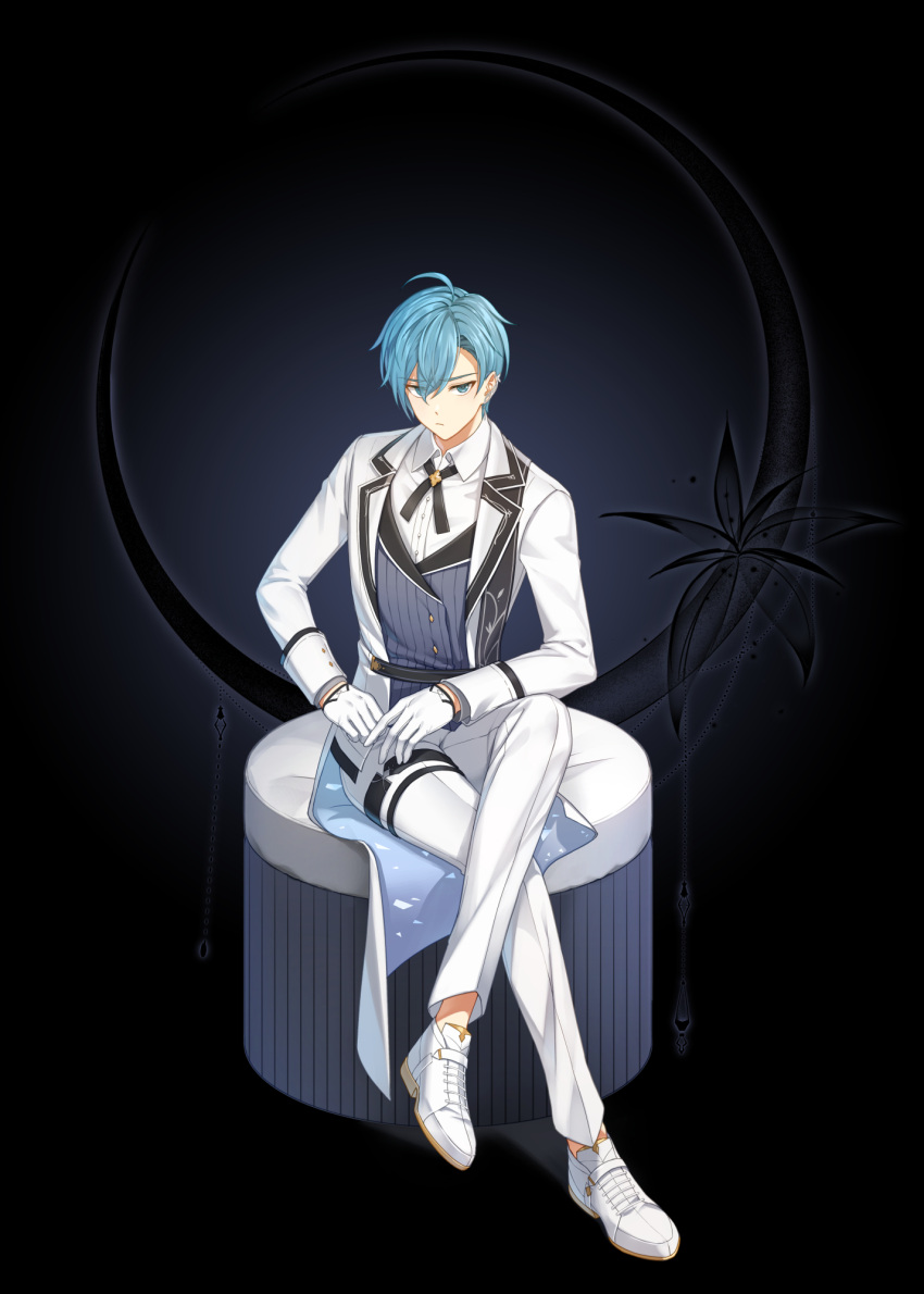 1boy :/ ahoge arm_on_thigh belt black_background black_flower black_sash blue_eyes blue_hair closers crescent cross_tie crossed_legs ear_ornament flower full_body gloves hair_between_eyes highres jacket long_jacket long_sleeves looking_at_viewer nata_(closers) official_art on_chair oxfords pants purple_vest sash shirt shoulder_sash sitting solo striped striped_vest tachi-e thigh_belt thigh_strap vertical-striped_vest vertical_stripes vest white_gloves white_jacket white_pants white_shirt