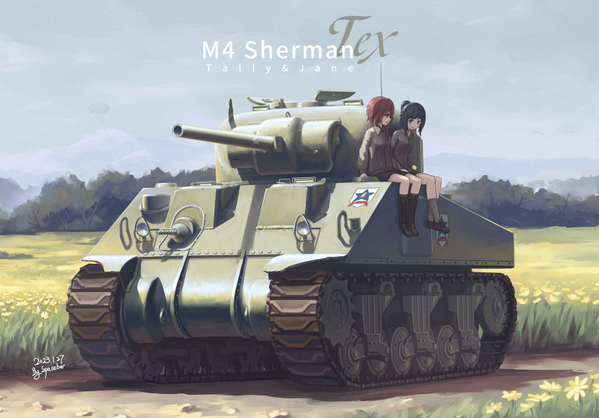 2girls absurdres artist_name black_footwear black_hair black_shorts blue_eyes blue_sky blush boots braid caterpillar_tracks cloud combat_boots commission cross-laced_footwear dated day dirt_road emblem flower girls_und_panzer grass green_eyes grey_jacket grey_socks ground_vehicle high_ponytail highres jacket knee_boots long_sleeves m4_sherman medium_tank military military_vehicle motor_vehicle mountain multiple_girls original outdoors pixiv_commission radio_antenna red_hair road saunders_(emblem) shorts side_braid sitting sky smile socks spacebar_tyan tank tree vehicle_focus