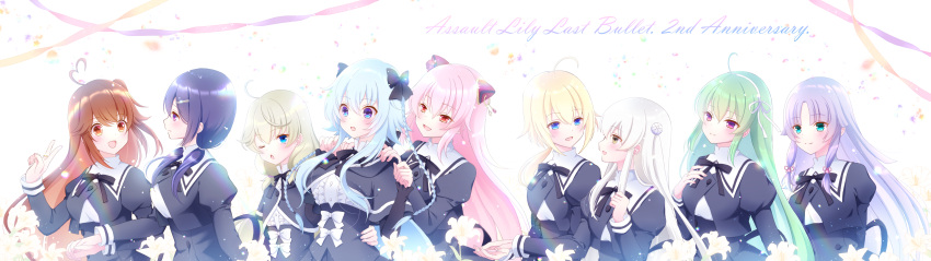 6+girls :d :o absurdres ahoge amano_soraha anniversary aqua_eyes arm_around_waist arm_at_side arms_behind_back assault_lily bangs banshouya_ena black_bow black_ribbon black_skirt blonde_hair blue_eyes blue_hair blush bow bow_hairband braid breasts brown_eyes brown_hair buttons center_frills closed_mouth commentary copyright_name corset cropped_jacket detached_sleeves egawa_kusumi endou_araya eye_contact falling_petals fang flower frilled_shirt frilled_shirt_collar frilled_sleeves frills green_hair grey_hair hair_between_eyes hair_bow hair_flower hair_ornament hair_ribbon hair_tie hairband hairclip hairpods hand_on_another's_waist hand_on_own_chest hand_up hands_on_another's_shoulders hands_up heart heart_ahoge high-waist_skirt highres holding_hands interlocked_fingers jewelry juliet_sleeves kanabako_misora large_breasts leaning_to_the_side light_particles lily_(flower) long_hair long_sleeves looking_at_another looking_away looking_to_the_side low_ponytail low_twintails medium_breasts mizuha_(dreamchild_0504) mori_tatsuki multiple_girls neck_ribbon one_side_up open_mouth orange_flower parted_lips petals pink_eyes pink_flower pink_hair pink_ribbon ponytail profile puffy_sleeves purple_eyes purple_flower purple_hair red_eyes ribbon ring school_uniform shirt short_sleeves side-by-side sidelocks skirt sleeves_past_wrists smile standing streamers takasuga_tsukushi tanaka_ichi tress_ribbon twin_braids twintails underbust upper_body v very_long_hair w_arms watanabe_akane white_bow white_flower white_hairband white_ribbon white_shirt yellow_eyes yurigaoka_girls_academy_school_uniform