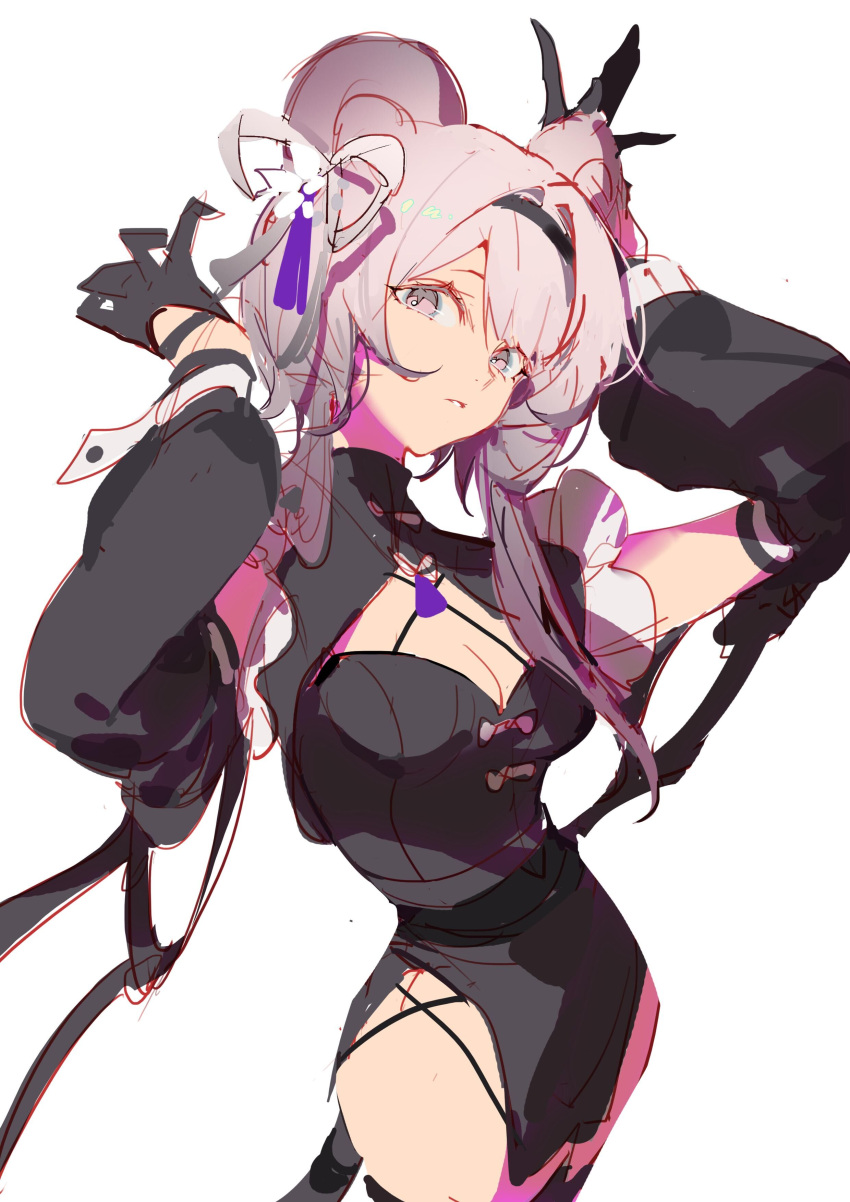 1girl absurdres animal_ears arknights arms_up black_dress black_gloves black_hairband breasts cleavage cleavage_cutout clothing_cutout cowboy_shot detached_sleeves dress gloves grey_ribbon hair_ribbon hairband highres indai_(3330425) lin_(arknights) long_hair long_sleeves looking_at_viewer medium_breasts mouse_ears mouse_girl mouse_tail parted_lips pink_eyes pink_hair ribbon simple_background solo tail white_background