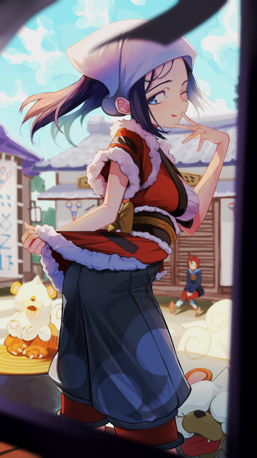 2girls ;q akari_(pokemon) arezu_(pokemon) ass black_hair blue_eyes blush breasts closed_mouth day dog eudetenis feet_out_of_frame from_behind head_scarf highres hisuian_growlithe japanese_clothes kimono leaning_forward long_hair looking_at_viewer looking_back medium_breasts multiple_girls one_eye_closed outdoors pokemon pokemon_(game) pokemon_legends:_arceus ponytail red_kimono sarashi short_sleeves sidelocks smile solo_focus standing tongue tongue_out