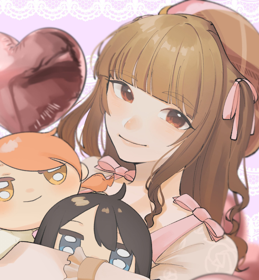 1girl b_a1210 balloon bangs beret blunt_bangs brown_hair character_doll doll_hug hat heart_balloon highres hojo_karen idolmaster idolmaster_cinderella_girls kamiya_nao looking_at_viewer object_hug patterned_background shibuya_rin smile thick_eyebrows upper_body wavy_hair