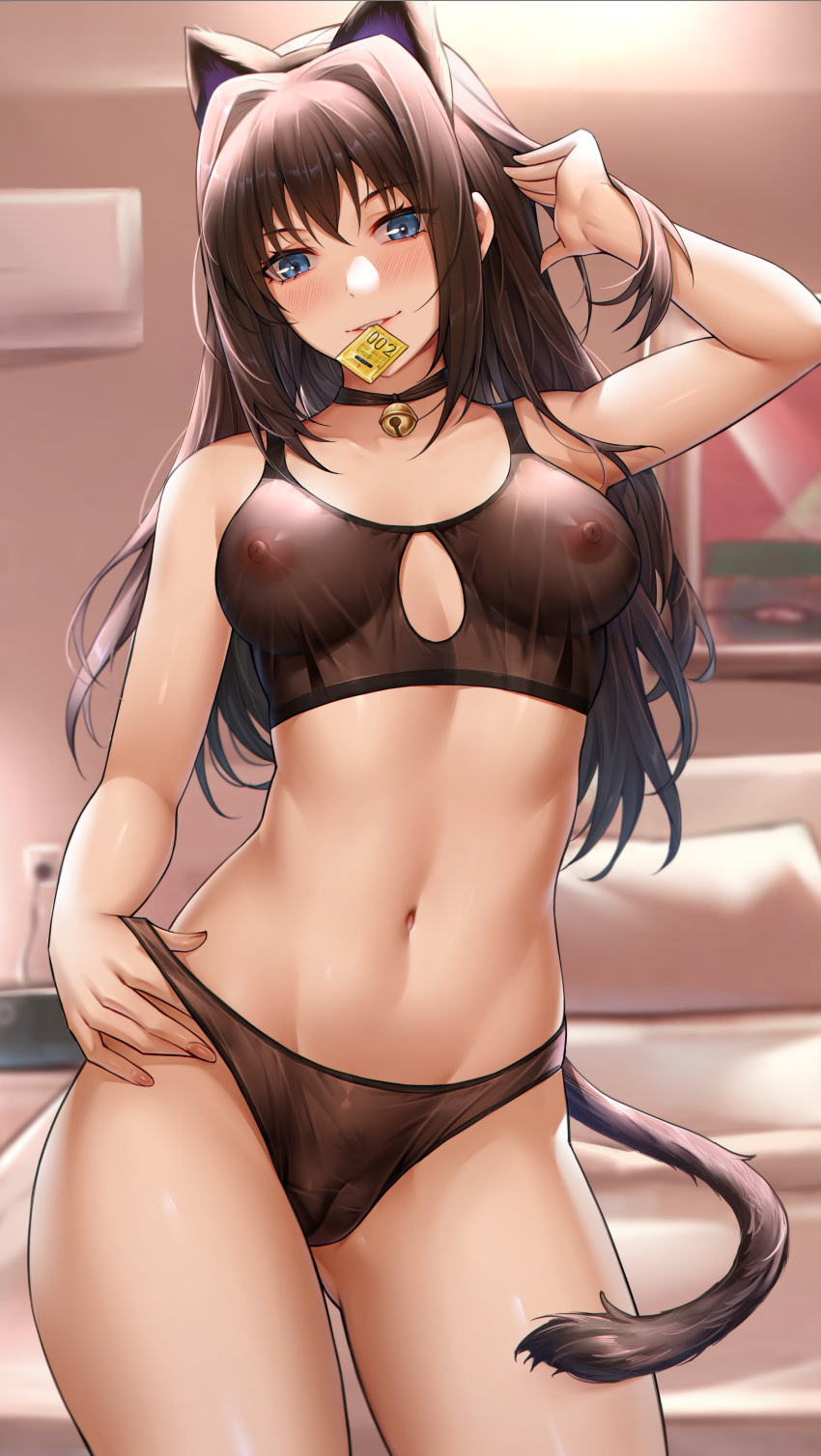 1girl absurdres adjusting_hair animal_ears aozaki_aoko arm_up bangs bed black_bra black_hair black_panties blue_eyes blurry blurry_background blush bra cameltoe cat_ears cat_tail commentary_request commission condom condom_wrapper covered_nipples fake_animal_ears fake_tail fingernails hair_intakes highres hua-j long_hair looking_at_viewer mahou_tsukai_no_yoru mouth_hold navel panties pixiv_commission see-through solo tail underwear underwear_only
