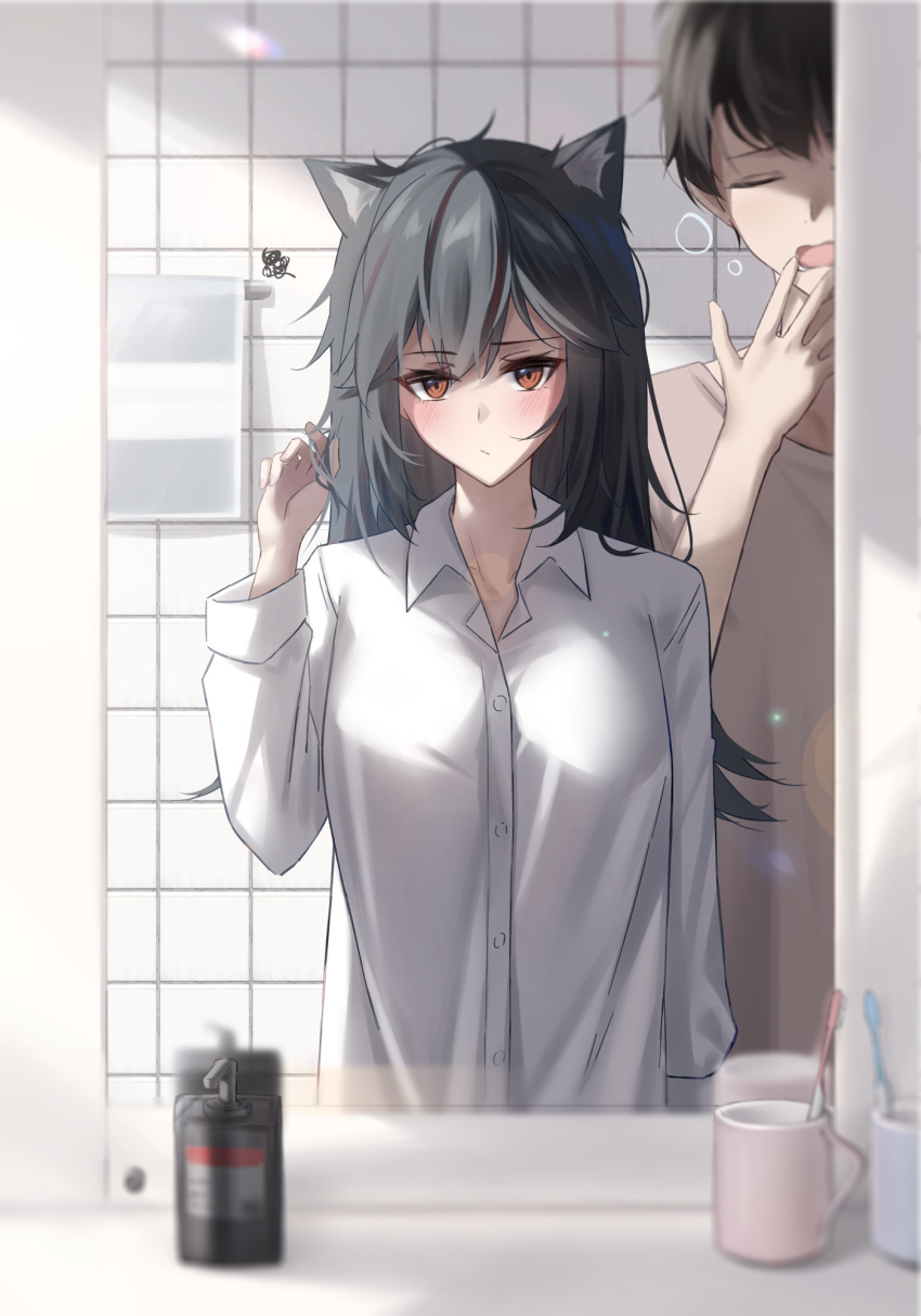 1boy 1girl animal_ear_fluff animal_ears arknights bathroom black_hair blush chinese_commentary closed_eyes closed_mouth collared_shirt doctor_(arknights) dress_shirt female_pov highres indoors lens_flare long_hair long_sleeves looking_at_mirror male_doctor_(arknights) messy_hair mirror orange_eyes playing_with_own_hair pov reflection shirt shokuyou_koori soap_bottle squiggle texas_(arknights) wolf_ears yawning