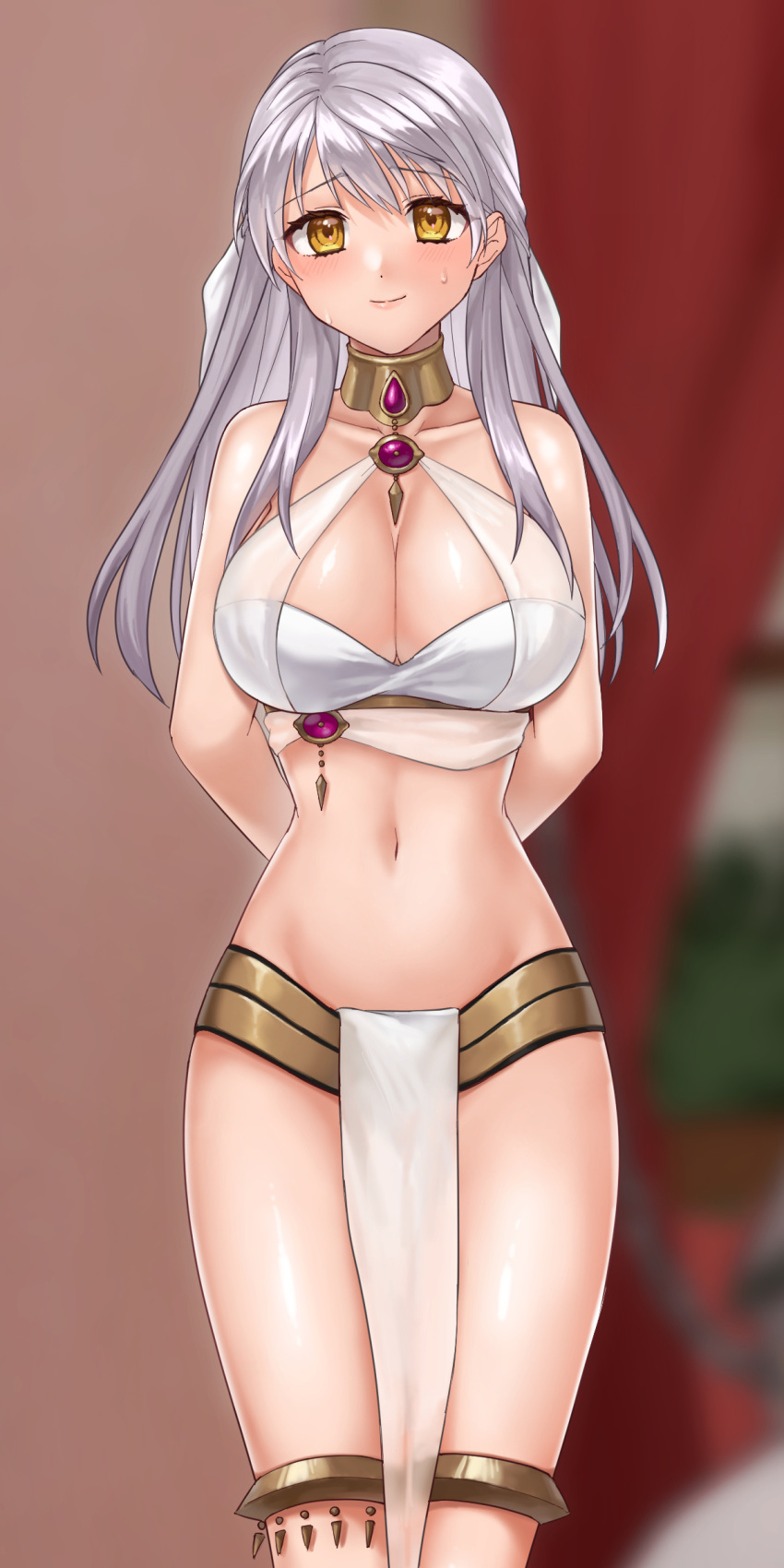 1girl absurdres alternate_costume arms_behind_back bandeau bare_shoulders blurry blurry_background blush breasts cleavage commentary_request cowboy_shot curtains fire_emblem fire_emblem:_radiant_dawn hazuki_(nyorosuke) highres indoors jewelry large_breasts loincloth long_hair looking_at_viewer micaiah_(fire_emblem) midriff navel neck_ring see-through standing stomach sweat thighlet white_hair window yellow_eyes