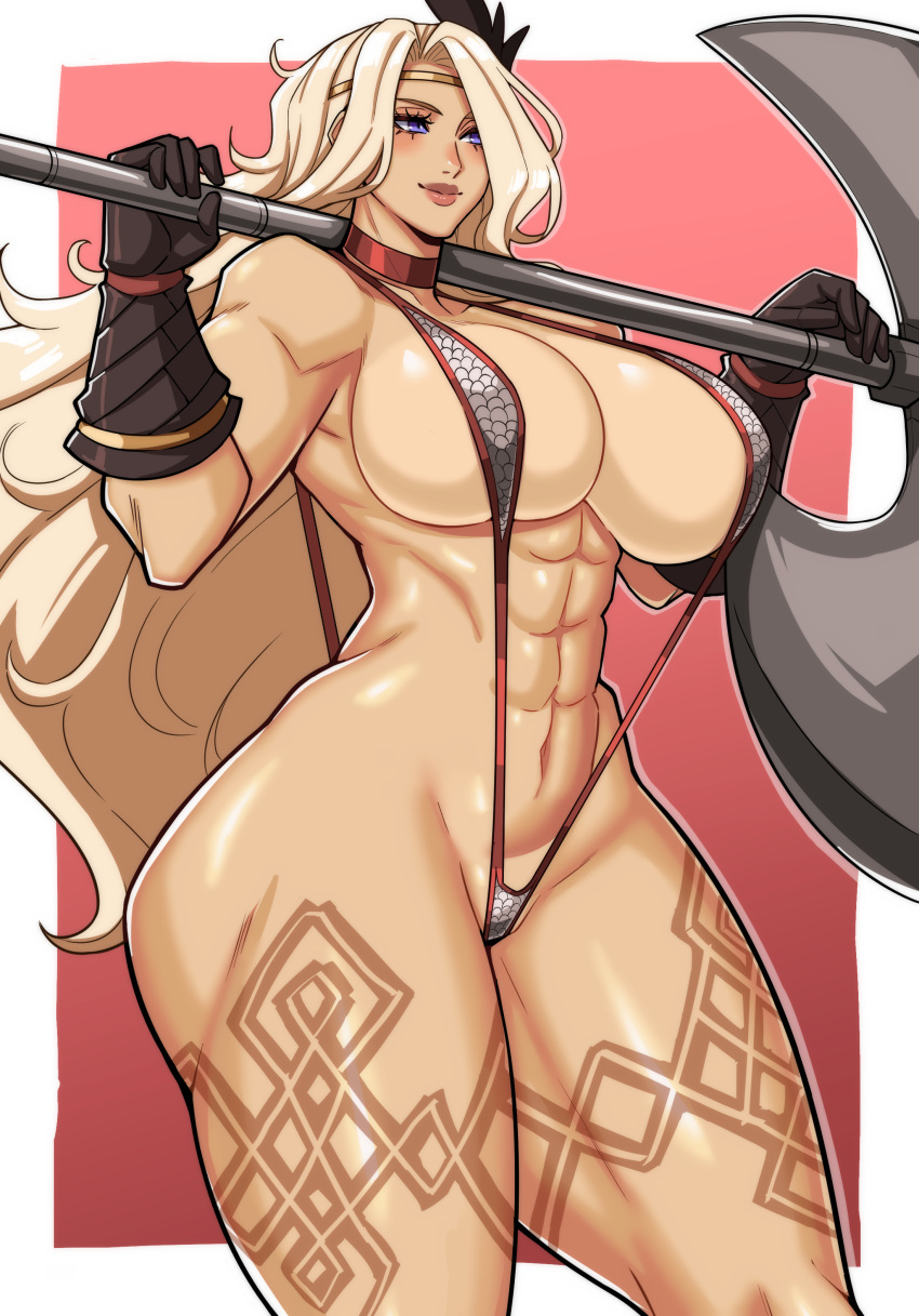 1girl abs absurdres alecto_0 amazon_(dragon's_crown) ass axe bangs battle_axe black_gloves blonde_hair blue_eyes body_markings breasts dragon's_crown gloves headband highres holding holding_axe holding_weapon large_breasts lips long_hair muscular muscular_female revealing_clothes slingshot_dress solo swept_bangs thick_thighs thighs weapon