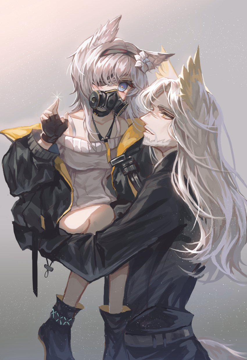 1boy 1girl absurdres animal_ears arknights beard black_footwear black_hairband black_pants black_shirt blue_eyes blush boots carrying carrying_person cat_ears child_carry eyepatch facial_hair feather_hair flower gas_mask hair_flower hair_ornament hairband hand_up hellagur_(arknights) highres infection_monitor_(arknights) jacket long_hair long_sleeves looking_at_another looking_at_viewer mask mustache neon_(arknights) off-shoulder_sweater off_shoulder open_clothes open_jacket pants shirt short_hair snow234 spaghetti_strap sweater white_flower white_hair white_sweater yellow_eyes