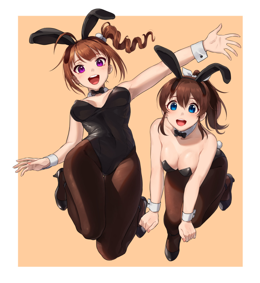 2girls :d animal_ears arm_up bangs black_footwear black_leotard blue_eyes blunt_bangs blush border bow bowtie breasts brown_hair cleavage collarbone covered_navel detached_collar drill_hair fake_animal_ears fake_tail hair_between_eyes high_heels highleg highleg_leotard highres idolmaster idolmaster_million_live! idolmaster_million_live!_theater_days kamille_(vcx68) leotard looking_at_viewer medium_breasts midair multiple_girls nail_polish open_mouth orange_nails pantyhose playboy_bunny ponytail purple_eyes rabbit_ears rabbit_tail ribbon round_teeth satake_minako side_drill side_ponytail sidelocks simple_background smile strapless strapless_leotard tail teeth tongue upper_teeth_only waving white_border wrist_cuffs yellow_background yokoyama_nao