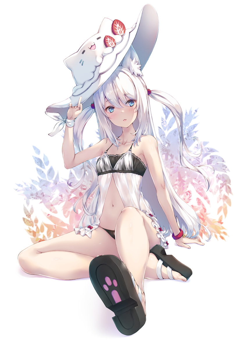 1girl animal_ear_headwear animal_ears arm_behind_back azur_lane babydoll bare_legs bare_shoulders barefoot bikini black_bikini blue_eyes blush breasts cat_cutout_panties cat_ears cat_girl fang full_body hair_bobbles hair_ornament hammann_(azur_lane) hammann_ii_(another_rebellious_summer)_(azur_lane) hammann_ii_(azur_lane) hand_up highres legs lifted_by_self long_hair midriff nakazawa_aki navel official_alternate_costume outstretched_leg parted_lips paw_print ribbon sandals see-through sitting small_breasts solo spaghetti_strap staring strawberry_hat_ornament swimsuit thighs two_side_up very_long_hair white_babydoll white_hair white_ribbon wrist_ribbon