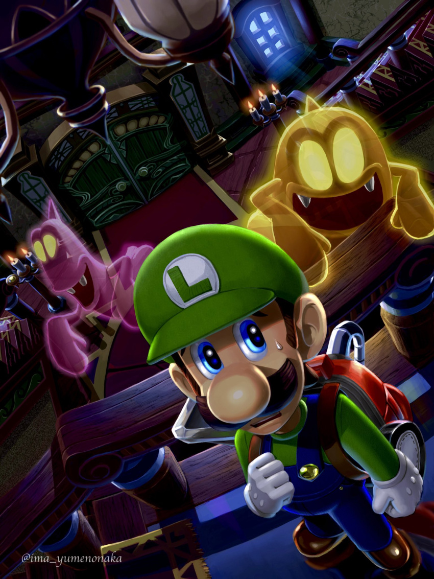 1boy artist_name backpack bag blue_eyes blue_overalls blue_pants brown_footwear brown_hair buttons candelabra candle candlestand chandelier commentary english_commentary facial_hair fangs fire flame full_body ghost gloves green_headwear green_shirt hand_up hat highres indoors long_sleeves luigi luigi's_mansion male_focus mario_(series) mustache nervous open_mouth overalls pants poltergust_3000 railing raised_eyebrows shirt shoes short_hair stairs standing sweatdrop teeth twitter_username white_gloves yuuma_rimi