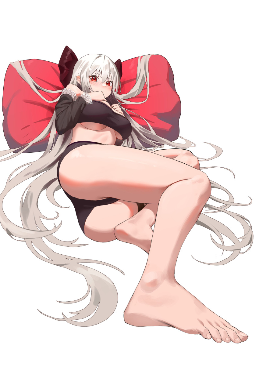 1girl absurdres artist_request ass bandeau bare_legs bare_shoulders barefoot black_bandeau black_panties bow breast_suppress breasts commission detached_sleeves feet foreshortening frilled_sleeves frills hair_bow hands_on_own_chest highres long_hair long_sleeves looking_at_viewer lying medium_breasts midriff on_back original panties pillow red_eyes second-party_source simple_background solo strapless thighs toes underboob underwear v-shaped_eyebrows very_long_hair white_background white_hair