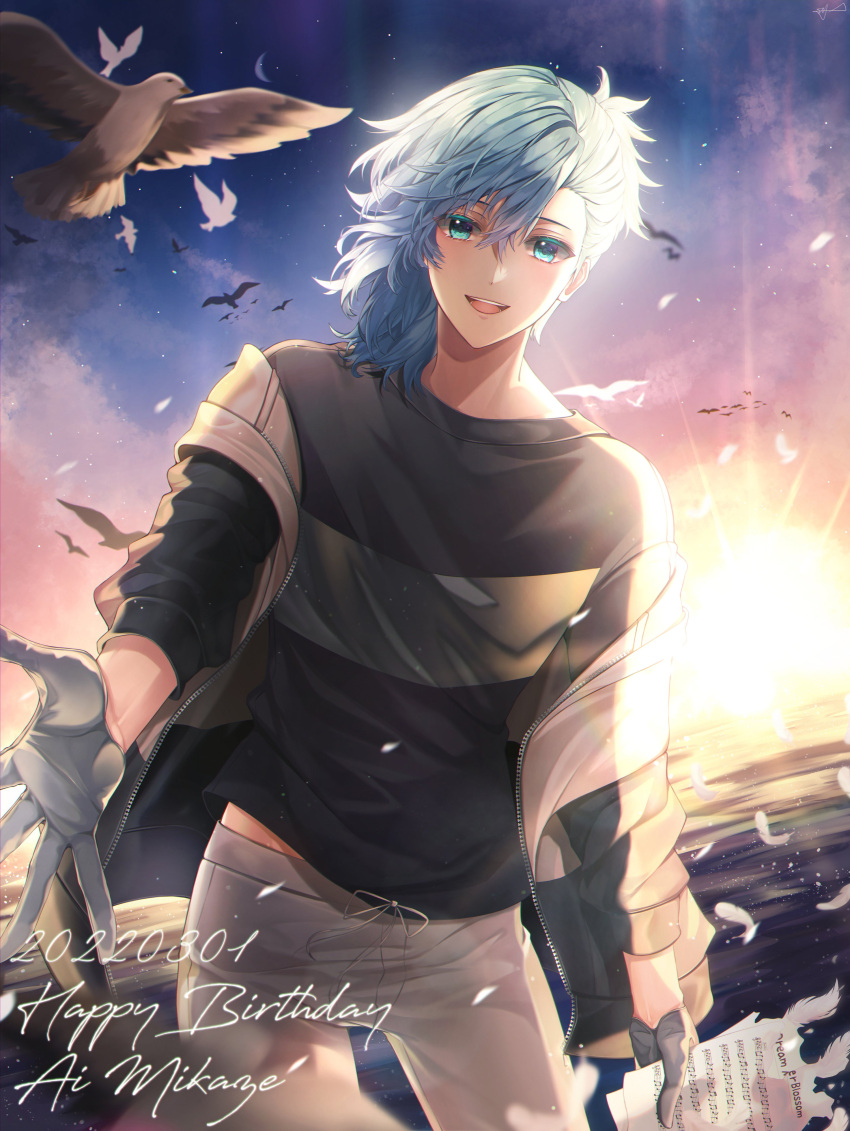 1boy :d absurdres aqua_eyes asymmetrical_bangs asymmetrical_hair bangs beckoning bird black_jacket black_shirt blue_hair blush character_name cowboy_shot dated feathers gloves gradient_sky grey_gloves hair_between_eyes half_gloves happy_birthday hasu_(selisa) highres holding holding_paper jacket looking_at_viewer male_focus medium_hair mikaze_ai ocean off_shoulder open_clothes open_hand open_jacket outstretched_hand pants paper seagull sheet_music shirt short_ponytail sky sleeves_past_elbows smile solo sunrise teeth upper_teeth_only uta_no_prince-sama white_feathers white_pants zipper