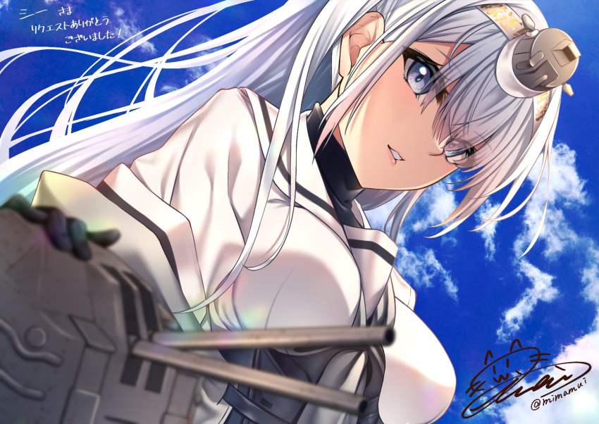 1girl blurry chou-10cm-hou-chan_(fuyutsuki's) commentary_request commission depth_of_field fuyutsuki_(kancolle) grey_eyes grey_neckerchief headband highres kantai_collection lips long_hair looking_at_viewer mimamui neckerchief one_side_up parted_lips sailor_collar school_uniform serafuku signature skeb_commission solo twitter_username upper_body very_long_hair white_hair white_headband white_sailor_collar