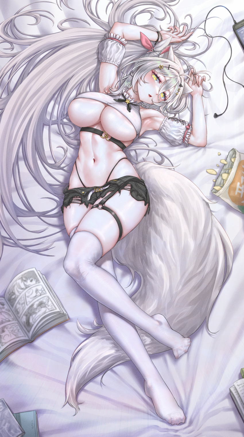1girl absurdres animal_ears armpits arms_up bare_shoulders bed_sheet belt black_shorts breasts chips_(food) commission crop_top detached_sleeves food fox_ears fox_girl fox_tail frilled_shirt frilled_sleeves frills full_body grey_hair hair_between_eyes hair_ornament hair_spread_out hairclip highleg highres large_breasts large_tail long_hair looking_at_viewer lying manga_(object) micro_shorts midriff navel neck_ribbon no_shoes nomalman on_back open_fly open_mouth original panty_straps potato_chips ribbon second-party_source shirt short_sleeves shorts skindentation sleeveless sleeveless_shirt solo stomach tail thigh_strap thighhighs thighs torn_clothes torn_shorts underboob very_long_hair white_shirt white_thighhighs yellow_eyes