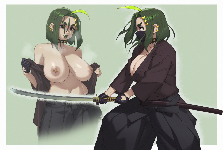 1girl absurdres ahoge black_mask breasts cleavage ear_piercing green_eyes green_hair hair_between_eyes hair_ornament hairclip highres holding holding_sword holding_weapon huge_breasts japanese_clothes katana kimono mask midori_(riz) mouth_mask nipple_piercing nipples original piercing riz short_hair solo sword thick_eyebrows weapon