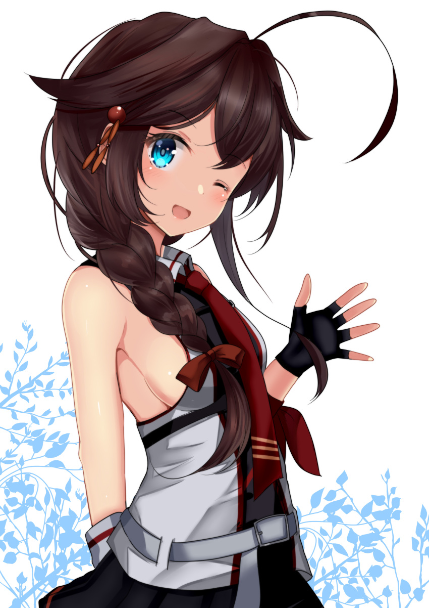 1girl ;d absurdres ahoge arm_behind_back black_gloves black_shirt black_skirt blue_eyes braid breasts brown_hair collared_shirt commentary_request fingerless_gloves floral_background from_side gloves grey_shirt hair_flaps hair_ornament hair_over_shoulder hairpin hand_up highres himura_moritaka kantai_collection long_hair looking_at_viewer medium_breasts necktie one_eye_closed pleated_skirt red_necktie shigure_kai_san_(kancolle) shirt sideboob simple_background single_braid skirt sleeveless sleeveless_shirt smile solo two-tone_shirt waving