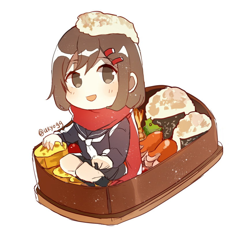 1girl bento black_sailor_collar black_serafuku black_socks brown_eyes brown_hair chibi enpera food food_on_head fringe_trim hair_ornament hairclip highres kagerou_project long_scarf long_sleeves mekakucity_actors minigirl neckerchief nori_(seaweed) object_on_head on_food onigiri open_mouth otorigg red_scarf sailor_collar sausage scarf school_uniform seaweed serafuku shrimp simple_background smile socks solo tateyama_ayano tofu twitter_username white_background white_neckerchief