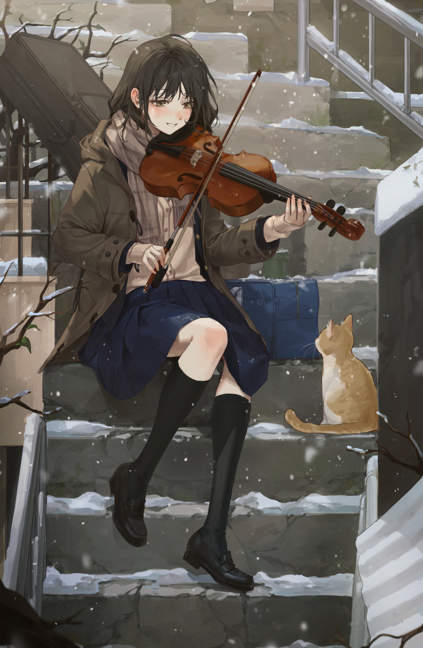 1girl absurdres animal bag bangs bare_tree black_footwear black_hair black_socks blue_skirt blush bow_(music) branch brown_cardigan brown_coat brown_scarf cardigan cat coat commentary duffel_coat full_body green_eyes happy highres holding holding_bow_(music) holding_instrument instrument instrument_case kellymonica02 kneehighs loafers long_sleeves looking_at_animal music original outdoors playing_instrument pleated_skirt railing scarf school_bag school_uniform shoes sitting sitting_on_stairs skirt smile snow snowing socks solo stairs tree violin winter winter_clothes winter_coat