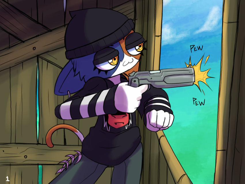 :3 anthro beanie bottomwear calico_cat clothing comic dipstick_tail domestic_cat english_text epic_games felid feline felis female fish_hook_piercing fortnite gun hat headgear headwear hi_res holding_gun holding_object holding_weapon hoodie ichduhernz mammal markings meow_skulls_(fortnite) multicolored_body onomatopoeia pants ranged_weapon shooting smile solo sound_effects tail tail_markings text topwear weapon yellow_eyes