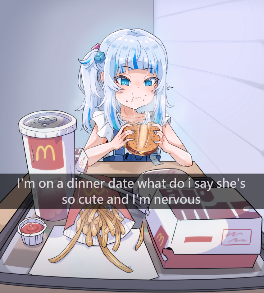 1girl blue_eyes blue_hair blush burger cup eating english_text food french_fries gawr_gura highres hololive hololive_english ketchup long_hair mcdonald's moral_cacoethes multicolored_hair official_alternate_costume saliva saliva_trail side_ponytail tray two-tone_hair virtual_youtuber