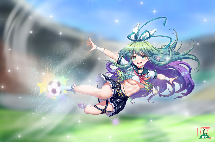 1girl :d absurdres ball black_choker black_skirt blue_eyes blurry bokeh breasts choker crop_top crop_top_overhang depth_of_field erica_(soccer_spirits) frilled_skirt frills green_hair hair_ornament hair_ribbon hairclip highres kicking medium_breasts midair midriff miniskirt multicolored_hair navel neckerchief nomalman open_mouth outstretched_arms pleated_skirt purple_hair ribbon sailor_collar school_uniform serafuku shirt shoes short_sleeves single_bare_leg skirt smile soccer soccer_ball soccer_spirits socks solo star-shaped_pupils star_(symbol) stomach sweatband symbol-shaped_pupils two-tone_hair underboob white_shirt white_socks