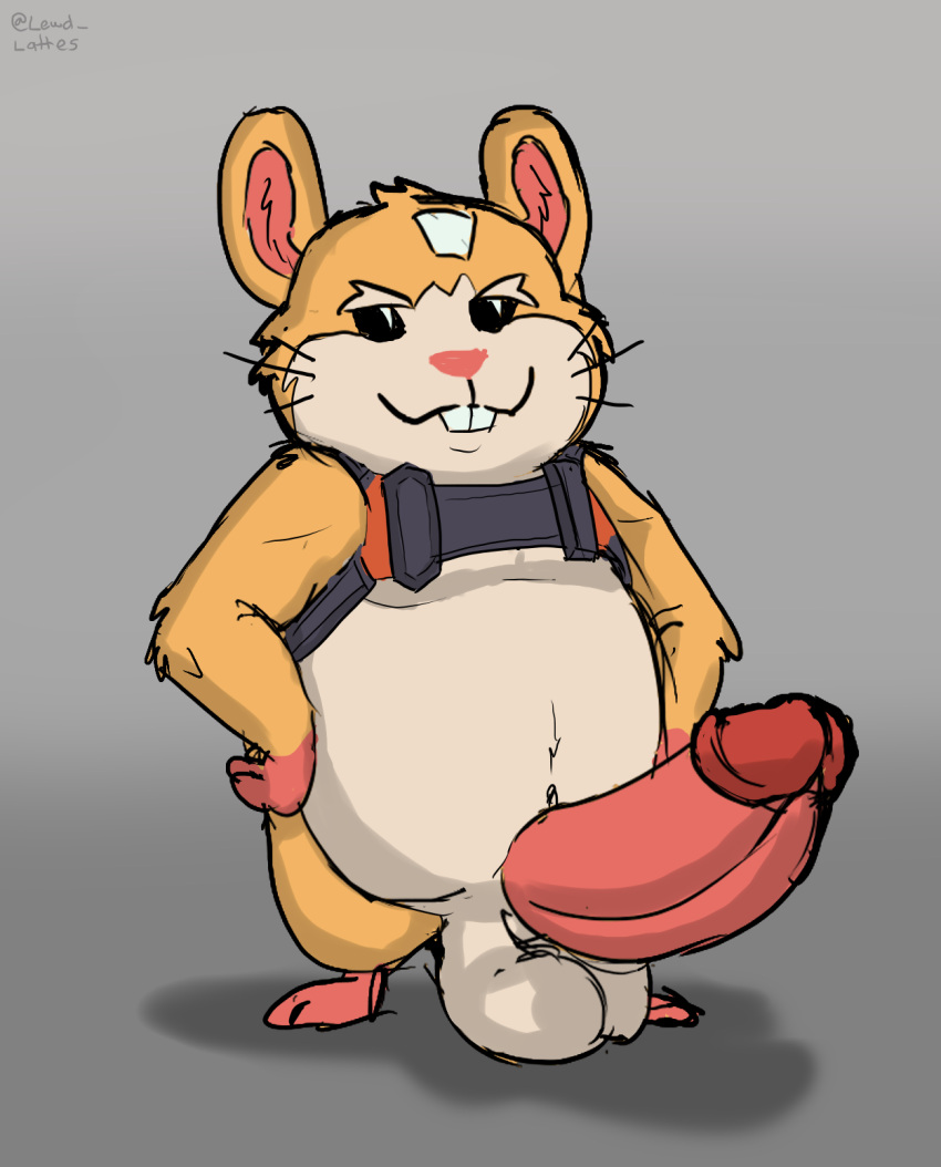 anthro big_penis black_eyes blizzard_entertainment cricetid erection fur genitals grey_background hammond_(overwatch) hamster harness hi_res lewd_latte male mammal orange_body orange_fur overwatch penis pink_penis rodent simple_background solo