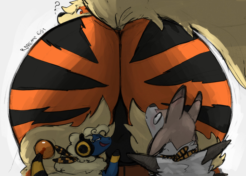 2021 arcanine ass_up balls big_butt blush bovid butt canid caprine confusion digital_media_(artwork) fur generation_1_pokemon generation_2_pokemon generation_7_pokemon genitals group hi_res looking_back looking_down_at_partner looking_up looking_up_at_another lycanroc male mammal mareep midday_lycanroc nintendo orange_body orange_fur pokemon pokemon_(species) raised_tail raster_dreams red_eyes signature simple_background size_difference tail thick_thighs trio white_background wide_hips