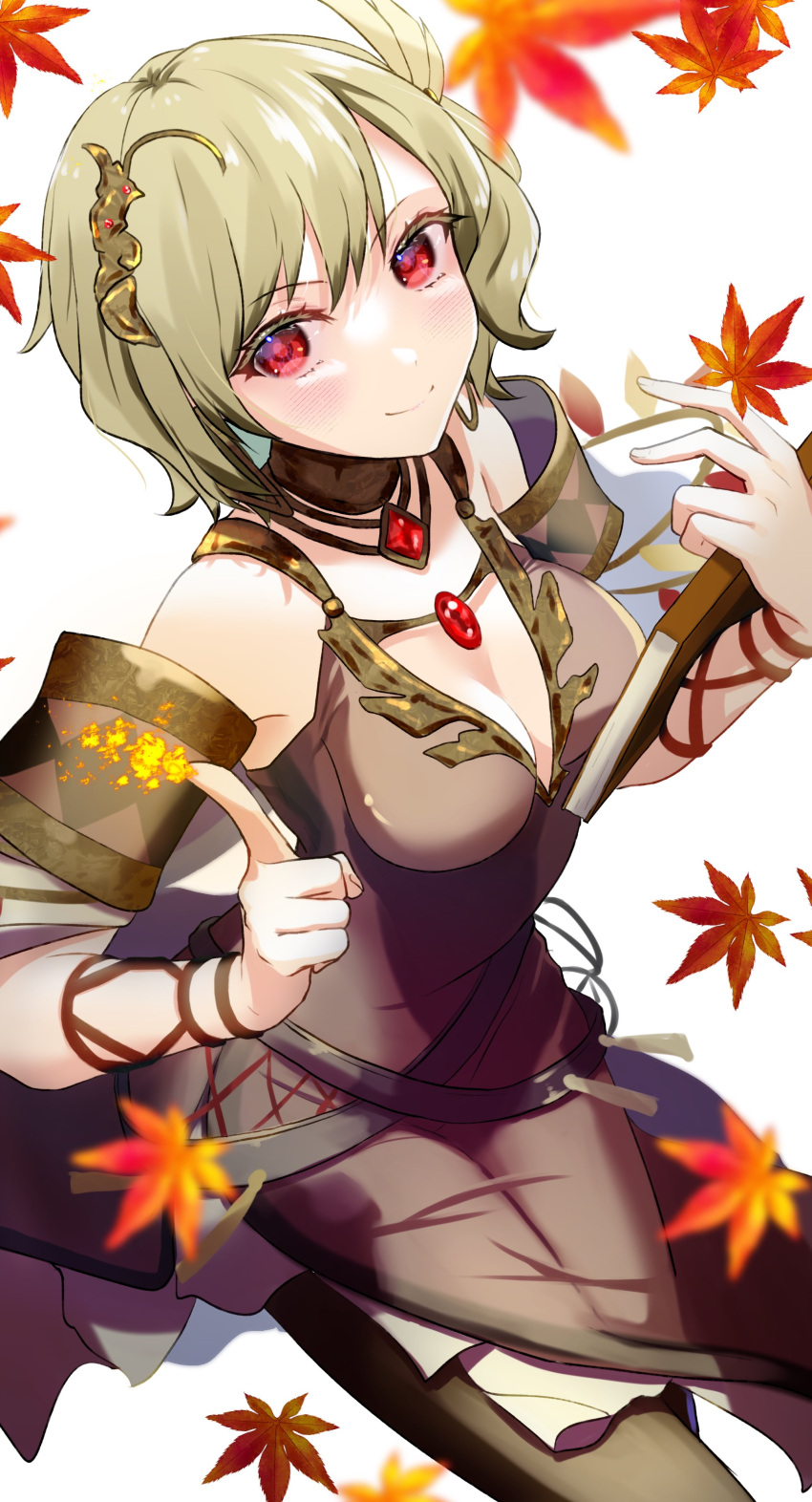 1girl absurdres autumn_leaves bangs bare_shoulders blonde_hair book breasts citrinne_(fire_emblem) cleavage cover detached_sleeves fire_emblem fire_emblem_engage hair_ornament highres jewelry looking_at_viewer medium_breasts mu_tu_bu red_eyes short_hair simple_background smile solo swept_bangs upper_body wavy_hair wing_hair_ornament