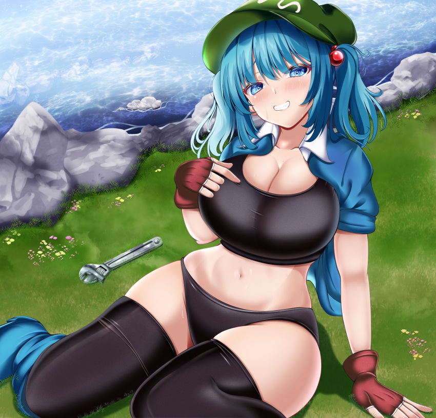 1girl bad_anatomy bad_proportions bangs black_pants black_tank_top black_thighhighs blue_eyes blue_hair breasts cleavage commentary_request curvy fingerless_gloves flat_cap gloves grass green_headwear groin hair_bobbles hair_ornament hat highres kawashiro_nitori large_breasts looking_at_viewer musi_tino navel outdoors pants red_gloves river sitting solo tank_top thighhighs touhou two_side_up wrench