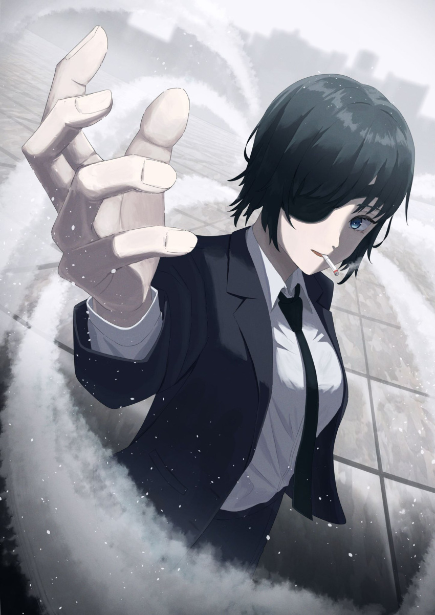 arm_up black_hair black_jacket black_necktie black_pants blue_eyes breasts chainsaw_man cigarette collared_shirt commentary_request dutch_angle eyepatch formal grey_background hand_focus highres himeno_(chainsaw_man) jacket lapels light_particles looking_at_viewer making-of_available medium_breasts necktie notched_lapels one_eye_covered open_hand outdoors pants parted_lips pocket reaching_towards_viewer shirt shirt_tucked_in short_hair sleeves_past_elbows smoke_trail smoking standing suit tile_floor tiles upper_body white_shirt white_sky wing_collar yoyon_b