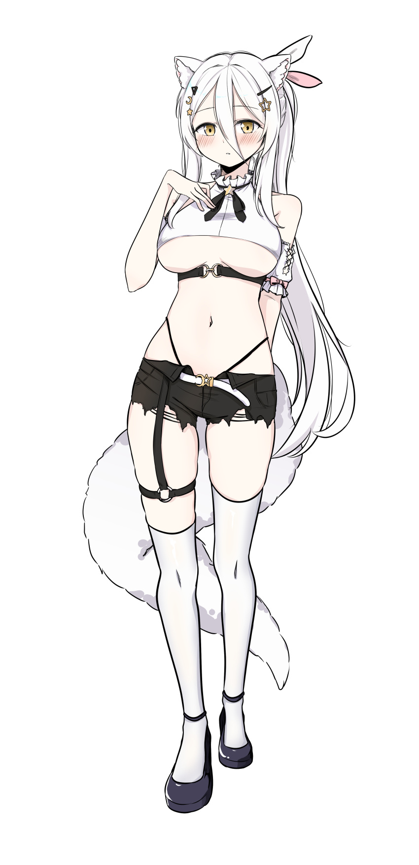 1girl absurdres animal_ears arm_behind_back bare_shoulders belt black_footwear black_shorts breasts commission crop_top detached_sleeves fox_ears fox_girl fox_tail frilled_shirt frilled_sleeves frills full_body hair_between_eyes hair_ornament hairclip hand_up highleg highres junsuina_fujunbutsu large_breasts long_hair looking_at_viewer micro_shorts midriff navel neck_ribbon no_bra original panty_straps parted_lips ponytail ribbon second-party_source shirt shoes short_sleeves shorts simple_background sleeveless sleeveless_shirt solo stomach tail thigh_strap thighhighs thighs torn_clothes torn_shorts underboob very_long_hair white_background white_hair white_shirt white_thighhighs yellow_eyes