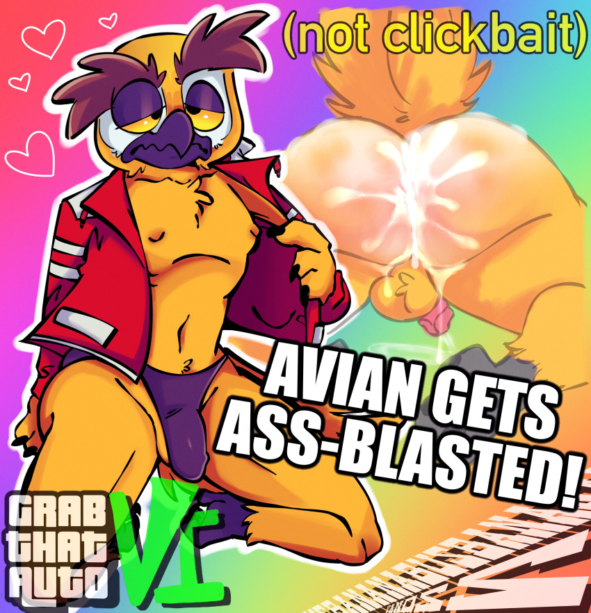 &lt;3 absurd_res after_sex anthro avian balls barely_contained barely_contained_balls beak big_butt bird bodily_fluids butt clothing cum cum_in_ass cum_inside cum_on_butt feathers fluffy_balls genital_fluids genitals gradient_background hi_res jacket male nipples owl penis rainbow_background rainbow_gradient salamikii simple_background solo thong topwear underwear vanoss yellow_body yellow_feathers youtuber