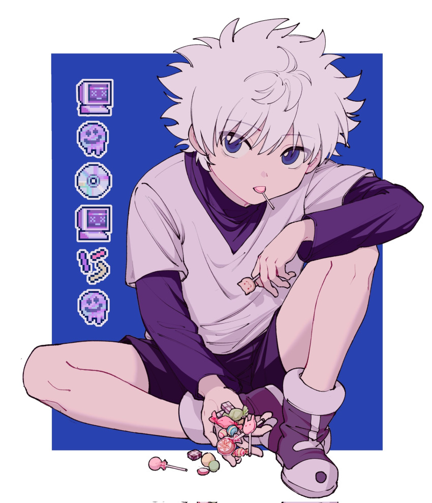 1boy black_shorts blue_background boots candy character_request food highres holding holding_candy holding_food hunter_x_hunter kashima_momoki lollipop long_sleeves looking_at_viewer male_child male_focus mouth_hold purple_footwear shirt short_hair shorts simple_background solo white_hair white_shirt